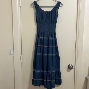 Indigo & Lace Womens Tiered Denim Smocked Dress Small Boho Cottage Prairie Maxi